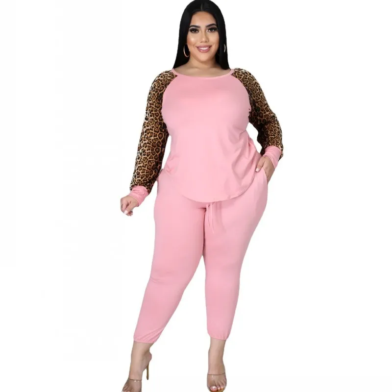 

Two Piece Set Women 5XL Plus Size T Shirt Tops And Pant Suits Autumn New Leopard Patchwork Casual Home Wear Tracksuit Women Sets
