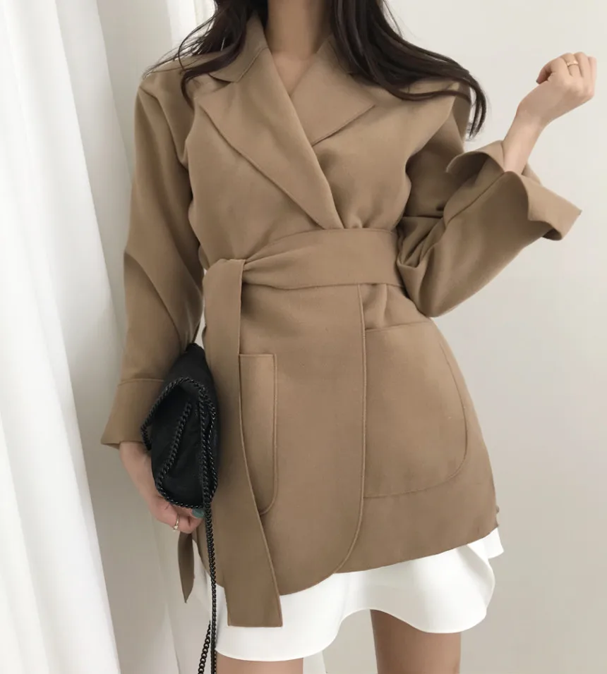 

HziriP OL Notched Solid Chic Lace-up Woolen Blazer Coat Female 2021 New Autumn Winter Elegant Formal Women Blazers Suit Jacket