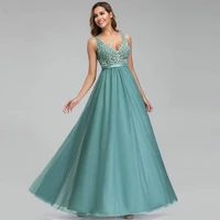 beauty emily elegant v neck evening dresses long a line party gown for woman floral lace zipper backless tulle formal dress 2020