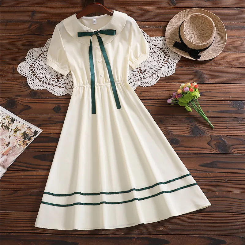 Летнее Новое милое платье в японском стиле с коротким рукавом mori girl однотонные