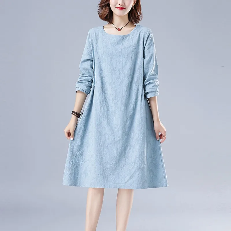 Women Autumn Long Sleeve Casual Dress New 2020 Simple Style Solid Color Loose Comfortable Female Cotton Linen Dresses P1495 | Женская