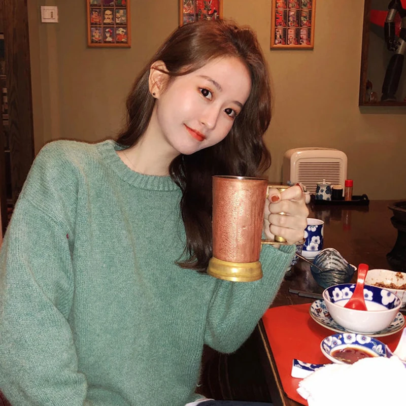 Пуловер женский с круглым вырезом однотонный Свободный пуловер карамельных