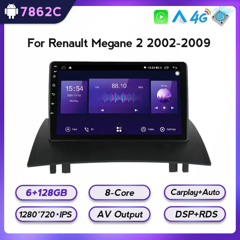 8-Core Android 11 автомобильное радио для Renault Megane 2 2002-2009 Мультимедиа Видео плеер GPS