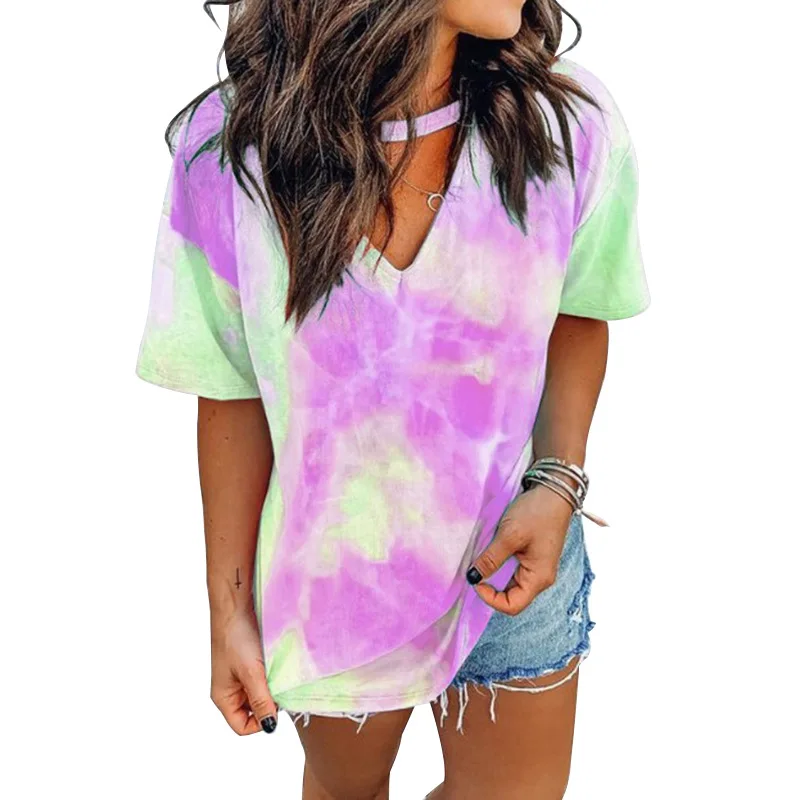 

Summer Women's Loose Short Sleeve V-Neck Gradient Color T-shirt Fashion Womens Shirts Tops