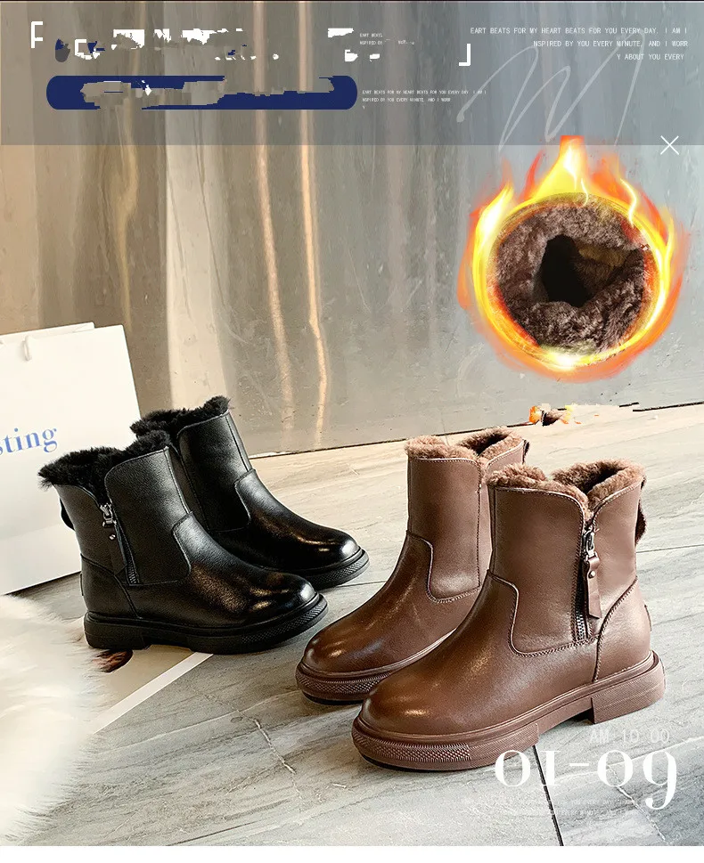 Zapatos de mujer; Новинка года; зимние кожаные женские хлопковые ботинки; шерстяные пинетки с боковой молнией; кожаные женские ботинки