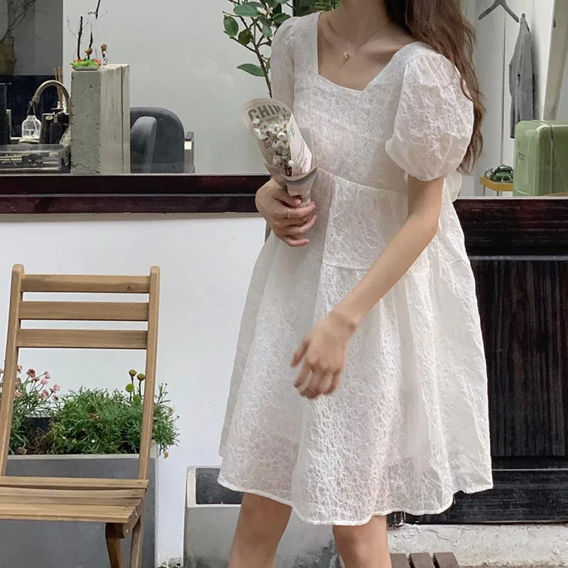

Kawaii Dress For Women Summer Soft Girl Square Collar Puff Sleeve Solid Color Princess Fairy Dress Korean Sweet One Piece Dress