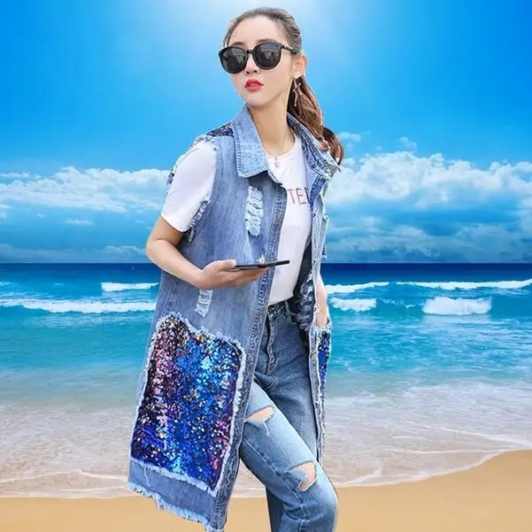 Женская длинная джинсовая куртка с блестками свободный размер 3XL DF959 Новинка лета