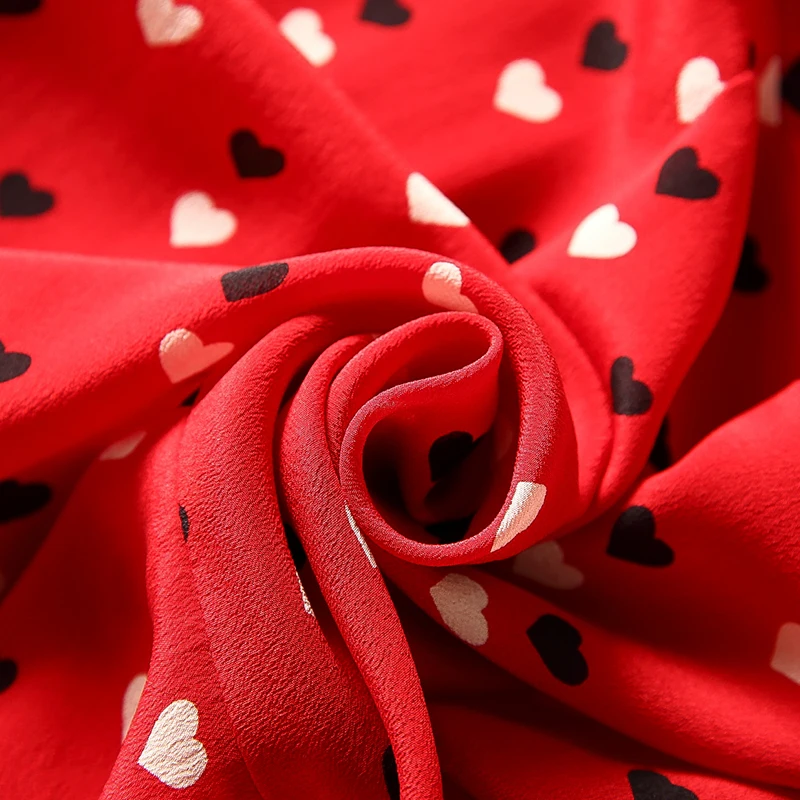 

2021 Summer Dresses 100% Natural Real Silk Elegant O-neck Flare Short Sleeve Printed Red Ruffles Office Lady Mermaid Dress Slim