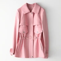 100 real sheepskin medium length coat ladies womens genuine leather long sleeves jackets high quality pink color plus size