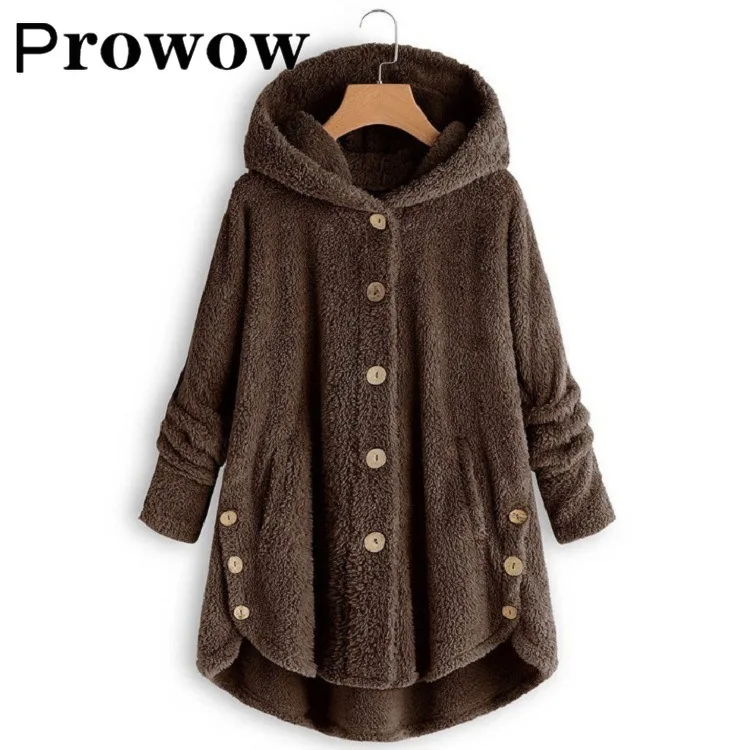 

Prowow Winter Women Fashion Plush Warm Solid Hooded Jacket Female Casual Loose Streetwear Faux Fur Long Sleeve Oversize Coats