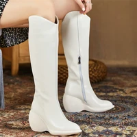 women genuine leather chunky high heels knee high boots female thigh high winter pointed toe platform pumps shoes casual shoes