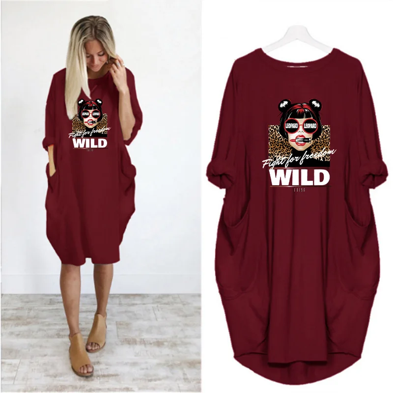 

Vintage Women Dress Cool Girl Letter Print Long Sleeve O Neck Pocket Plus Size 5XL Casual Party Woman Dresses Loose Vestidos