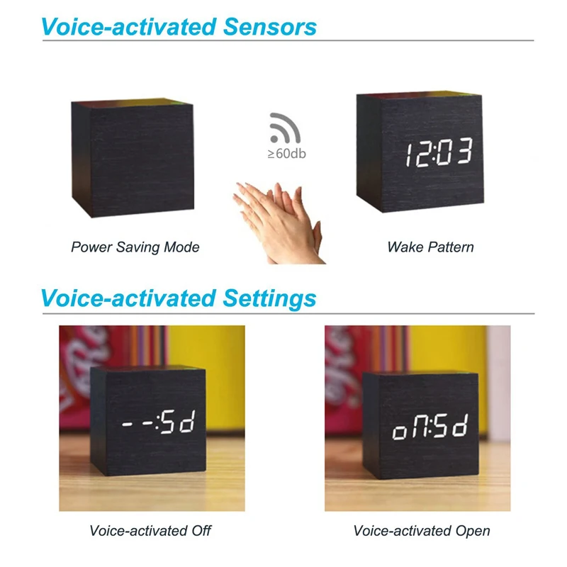 EAAGD будильник маленькие деревянные кубики Часы светодиодный немой прикроватный
