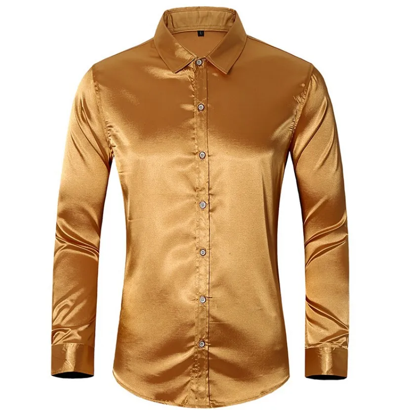 

New Arrival Plus Size 7XL Men Fashion Nightclub Silk Shiny Button Down Plain Long Sleeve Shirts