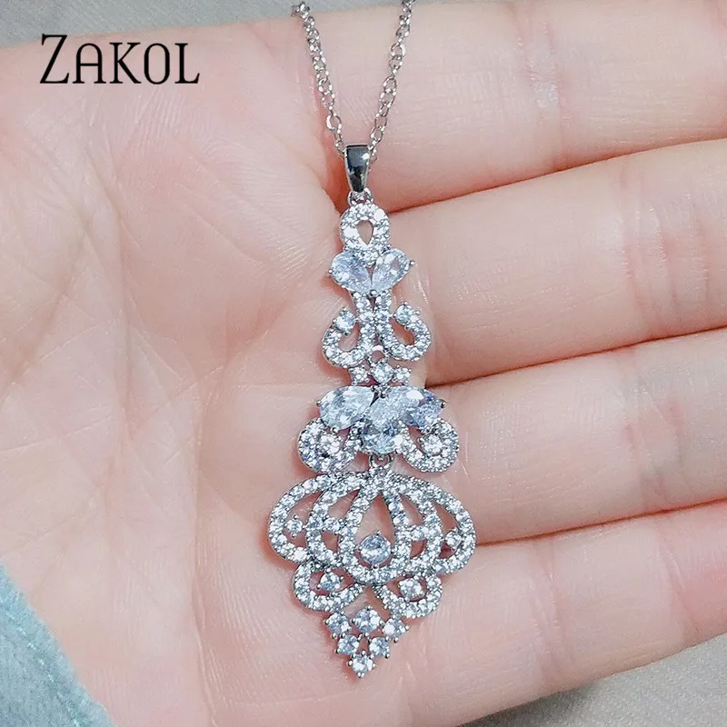 ZAKOL винтажные Свадебные украшения в виде листьев, роскошные кубические циркониевые серьги-люстры, ожерелья, подвески для женщин, аксессуары FSNP2082
