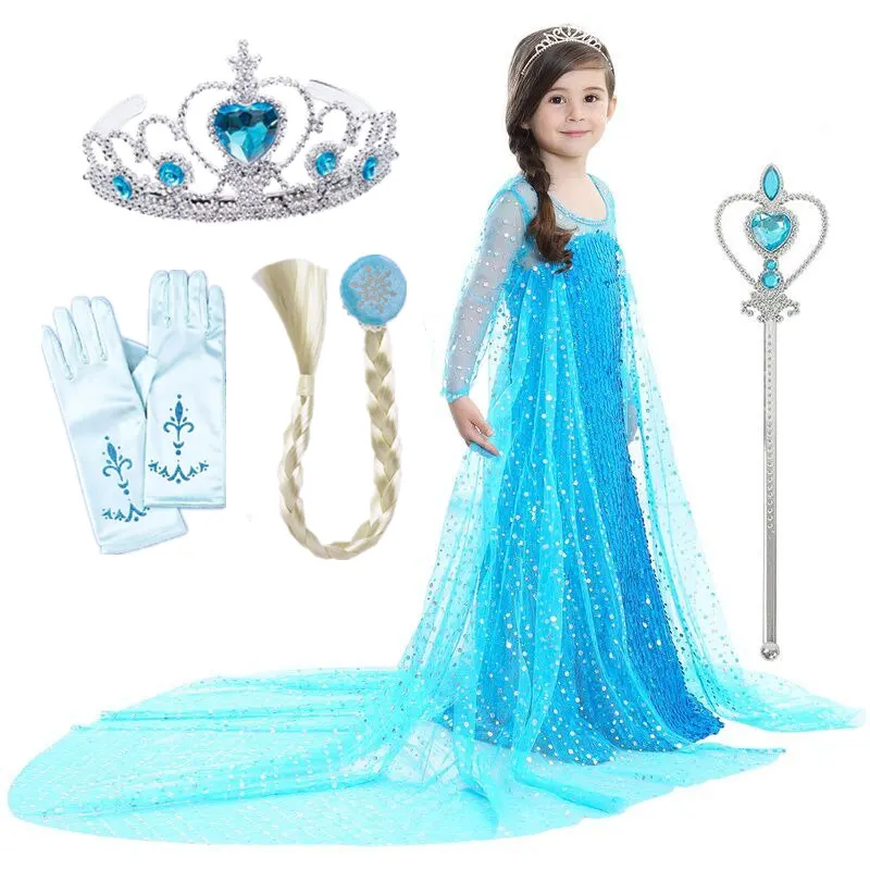 

2020 Elsa Dresses for Girls Princess Elsa Costumes Party Cosplay Elza Vestidos Magic Wand Accessories Set Children Girls Dress