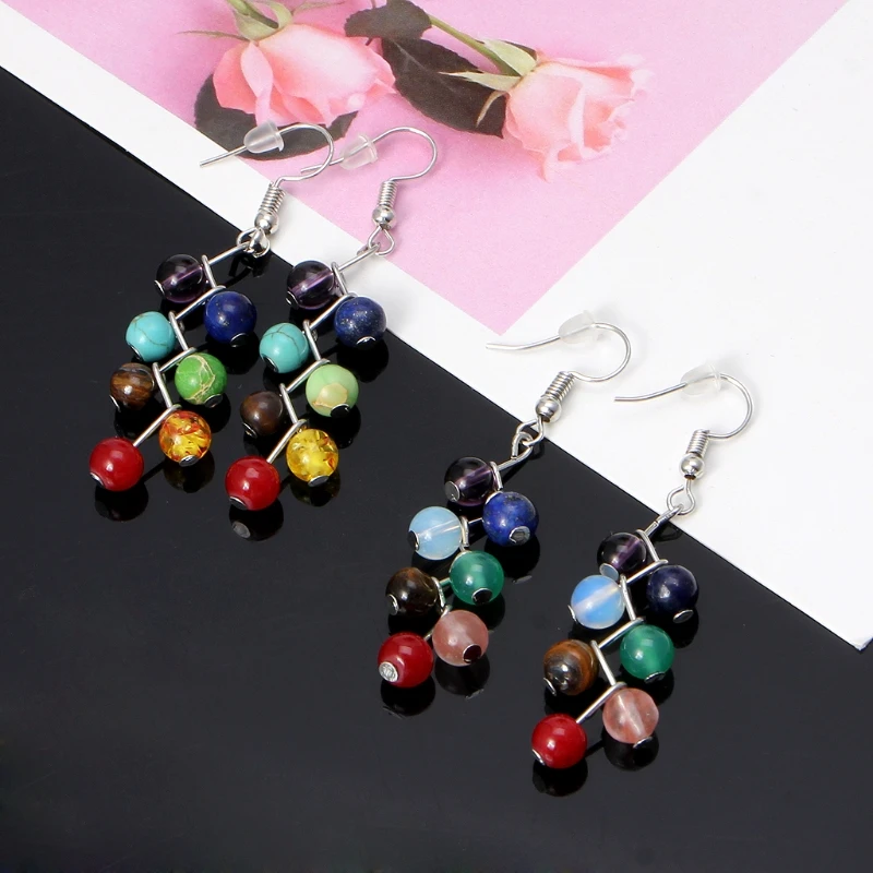 

Natural Stone Women Yoga Rainbow 7 Chakra Drop Earrings Healing Stone Jewelry