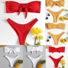 Купальник женский с чашками пуш-ап, пикантный однотонный пляжный бикини с завязками спереди, без бретелек, с оборками, с бантом, стринги, купальная одежда 2021