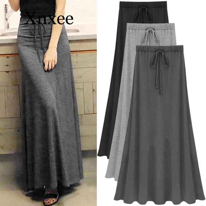 Женские трапециевидные юбки с поясом на резинке серые облегающие длинные
