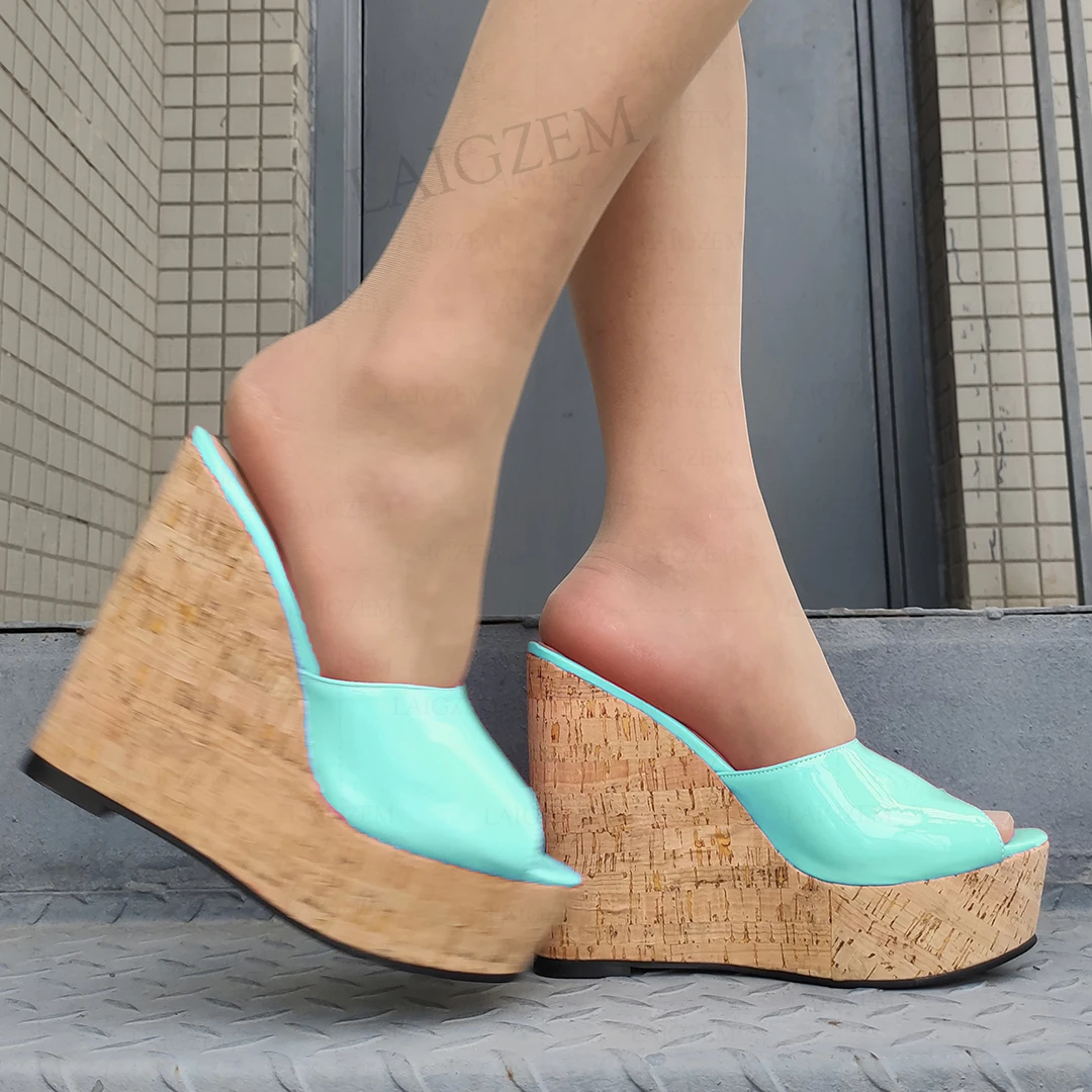 

LAIGZEM Women Platform Wedges Shiny Sandals Peep Toe Cork Print Height Increase Summer Mules Shoes Woman Big Size 42 44 50 52