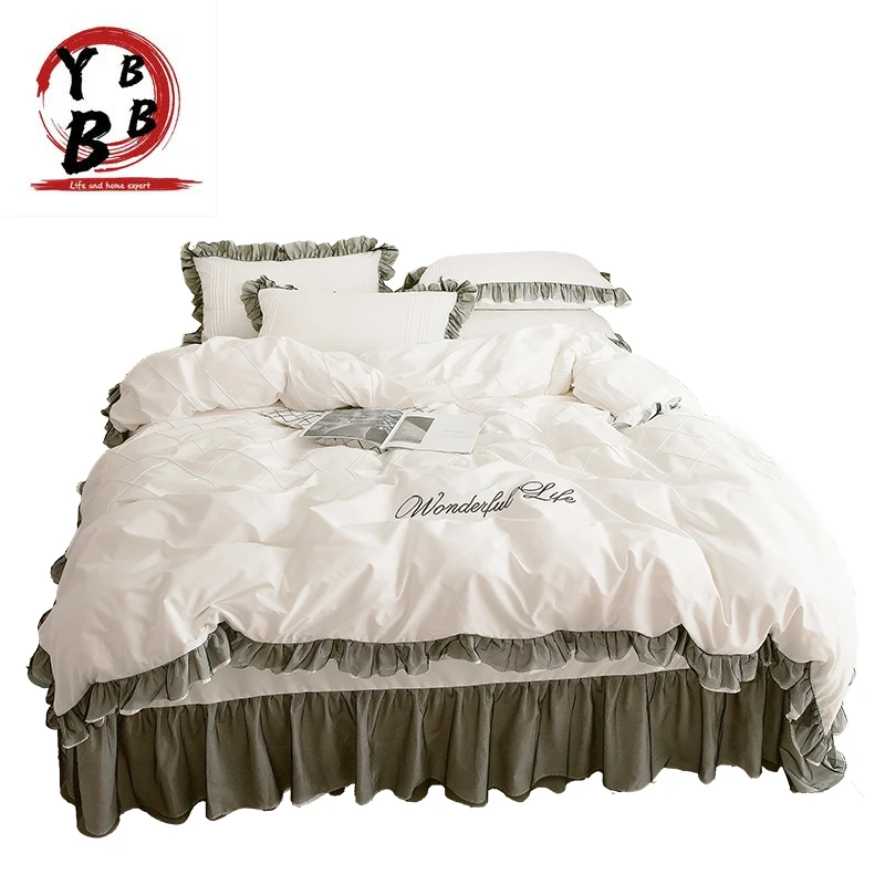 

White Lace Princess Wedding Luxury Bedding Set King Queen twin Pure cotton Bed sheet Duvet Cover Bedspread Pillowcase bedclothes