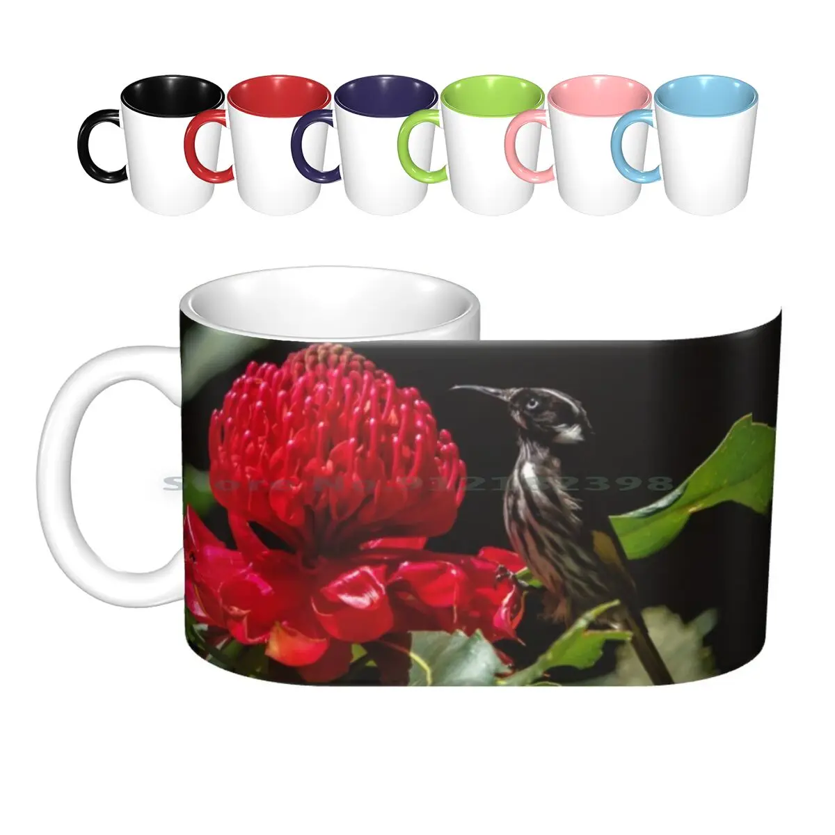 

Керамические кружки Honeyeater с морскими цветами, кофейные чашки, Кружка для молока и чая, кружка Honeyeater Bird Waratah Flower Australia
