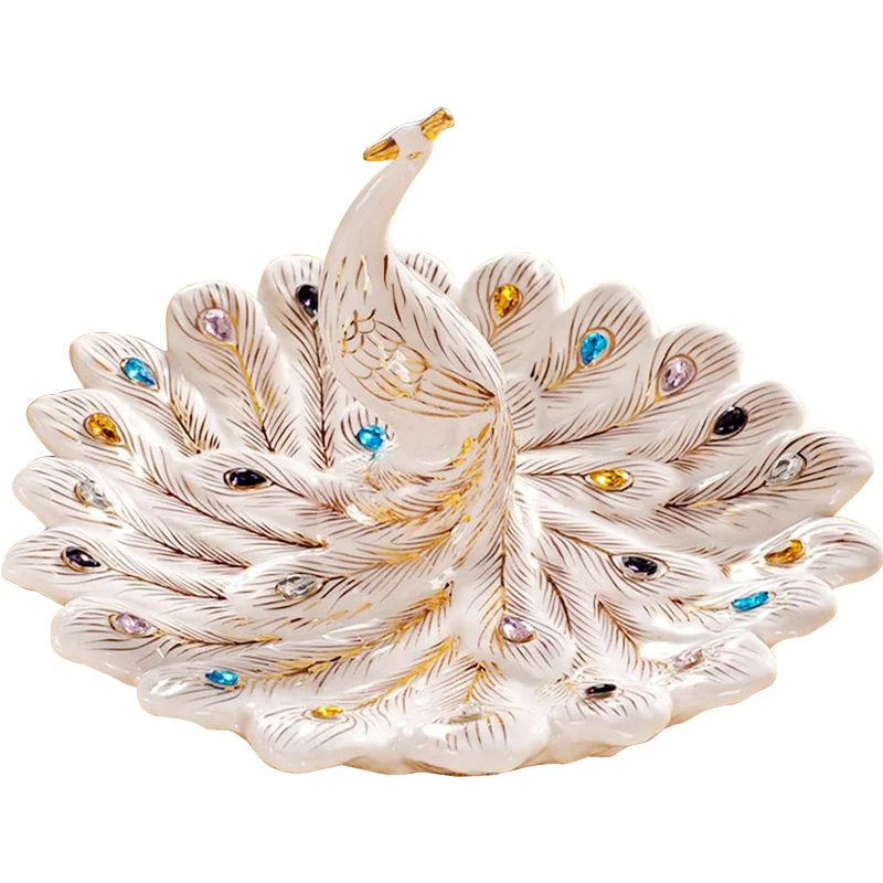 

Luxurious Porcelain Peacock Figurine Candy and Fruits Plate Decorative Ceramics Phoenix Craft Ornament Accessories Furnishing