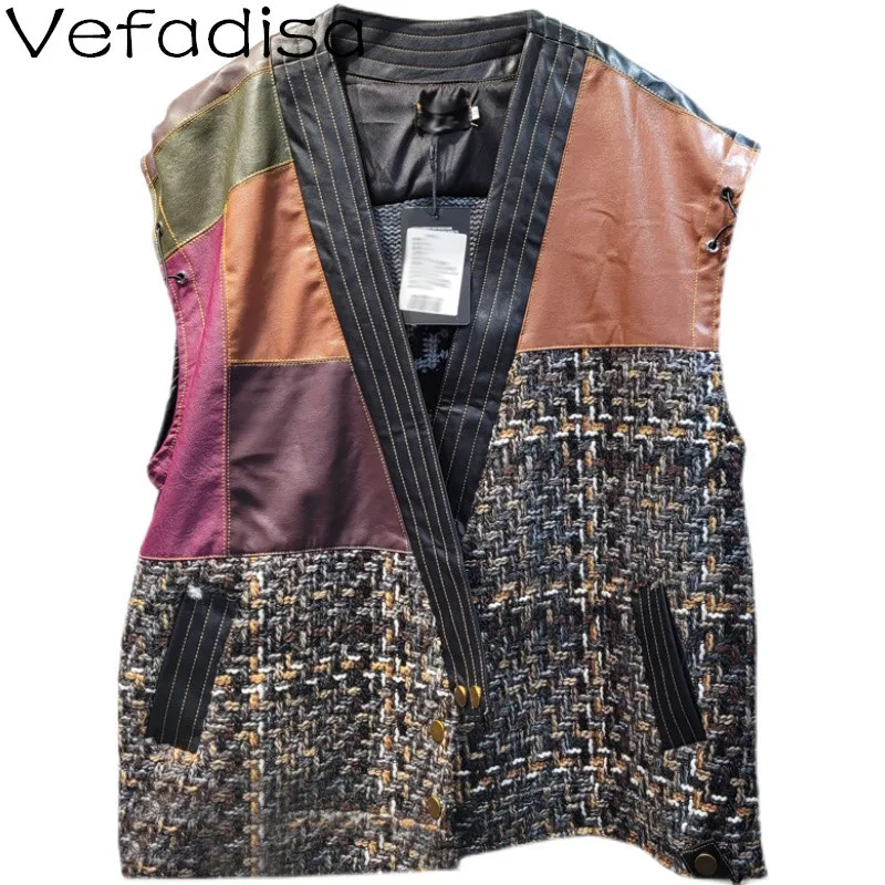 

Vefadisa Fashion Knitted Patchwork Women Vest 2021 Autumn Vintage Female Vest Coat Splicing Drawstring Sleeveless Jacket QYF6421