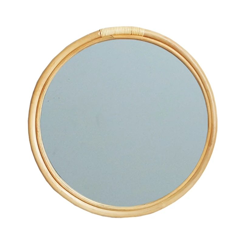 Rattan Circle Wall Mirror 16 Inch Round Dressing Mirror Makeup Mirrors for Entryways Washrooms Living Rooms Bathroom