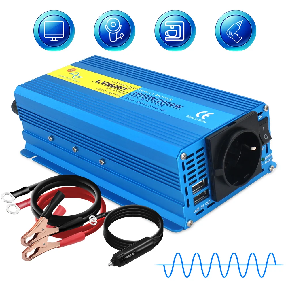 Inversor de potencia de onda sinusoidal pura, transformador de voltaje 3.1A, 2 USB, enchufe de la UE, 2000W, DC12V a AC220V 230V