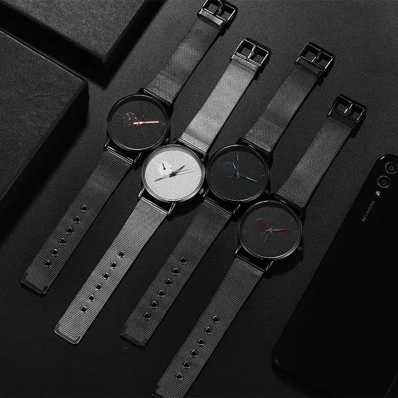 2019 Мужские кварцевые часы с черным сетчатым ремешком аналоговые наручные из