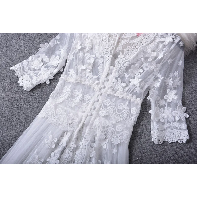 

Ordifree 2020 Summer Women Long Beach Dress Sexy Transparent Split White Lace Sexy Maxi Dress