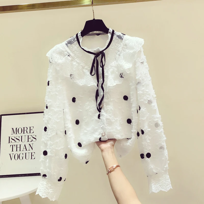 Женская шифоновая блузка в горошек элегантная повседневная с бантом и оборками |