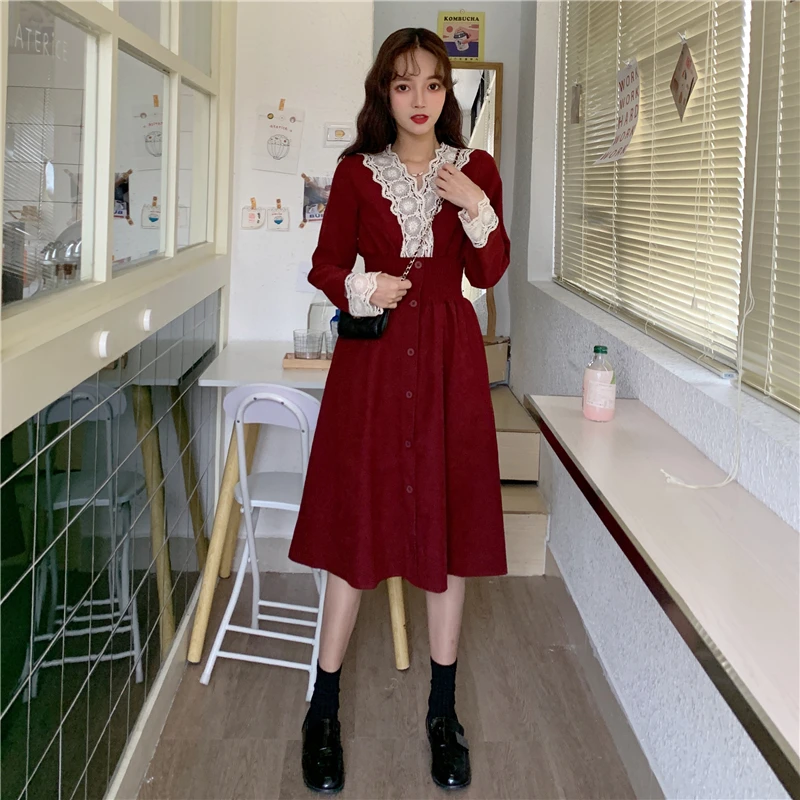 Винтажное милое женское платье осень 2020 повседневное с v образным вырезом