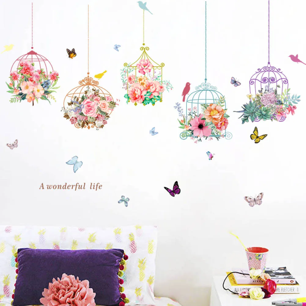 

Pretty Bird Cage With Flowers Butterfly Wall Stickers For Living Room Home Decoration Girls Room Wall Art Decals Pvc Wall Paper