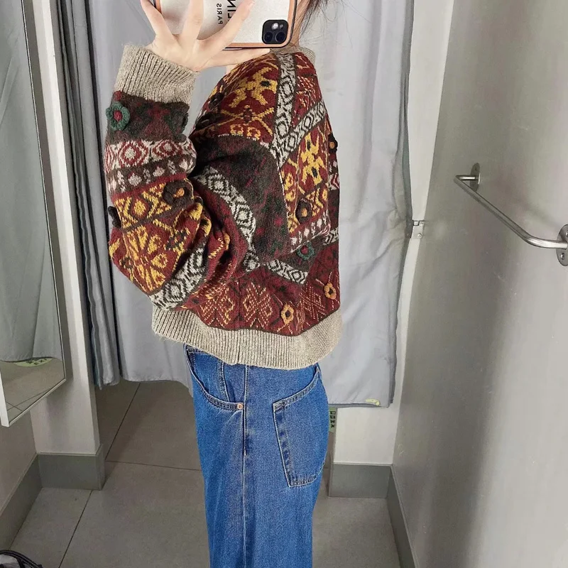 

Vintage Jacquard Buttons Knitted Za Cardigan Sweater Women 2020 Fashion V Neck Long Sleeve Cropped Female Outerwear Chic Tops