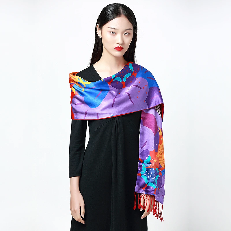 Женский шелковый шарф MENOGGA цветной мягкий шаль с кисточками 180*30 см 3D принтом