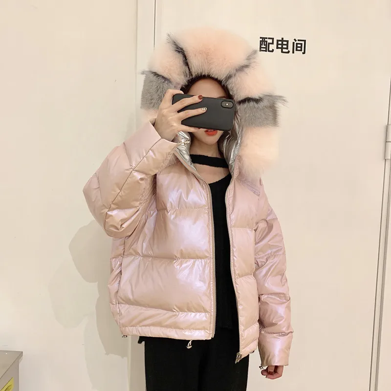 

Fashionable Real Fox Fur Bright Leather Down Jacket Short Hooded Warm Thicken Outwear Woman Coat Windproof New Women Winter Coat