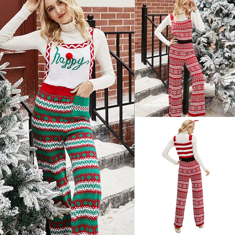 

Leisure Geometry Knitted Sleeveless High Waist Long Women Clothes Winter Christmas Snowflake Style Jumpsuit Bib Pants