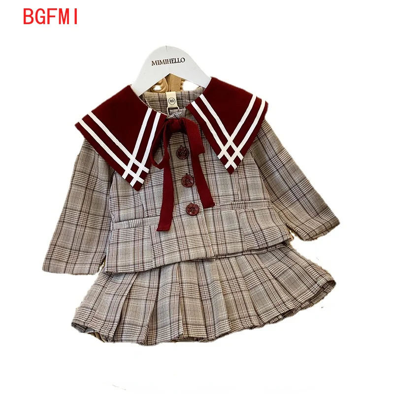 

Демисезонная клетчатая кофта с длинным рукавом и юбка для девочек