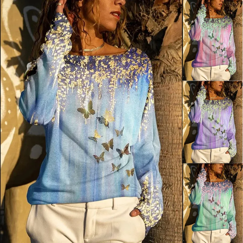 

2022 Spring Butterfly Print T Shirt Casual Round Neck Long Sleeve Women T-shirts Plus Size Pullover Loose Tops
