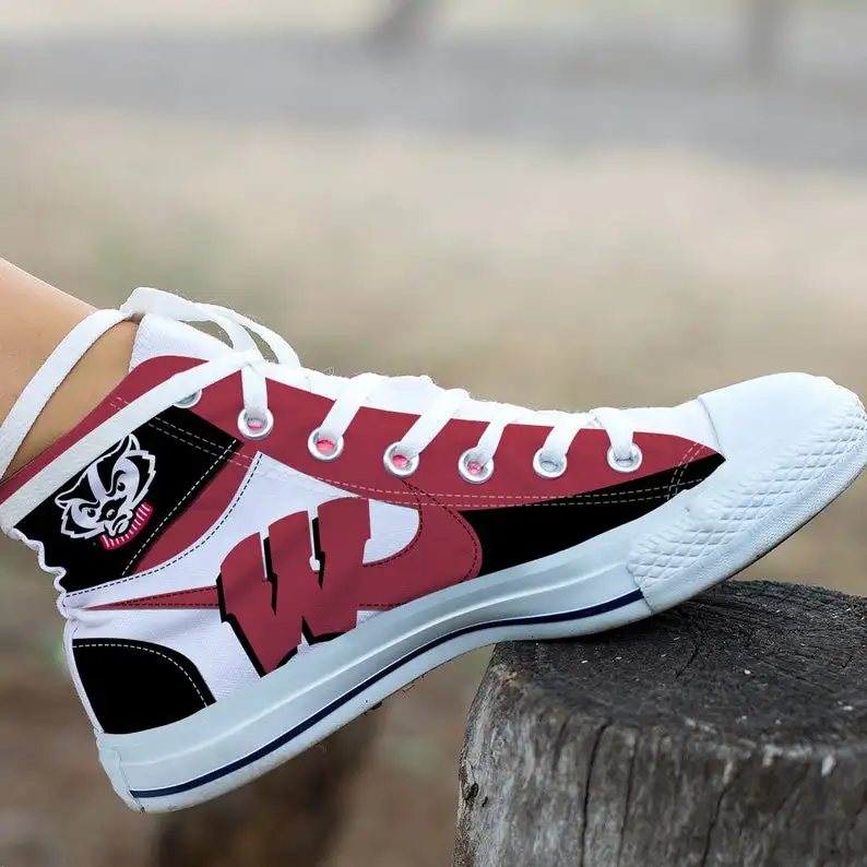 

Wisconsin Football Fashion Hi Tops, Badgers Custom Painted Shoes, Bucky Badger Unisex Hi Tops, Custom Hi Tops, Running Shoes