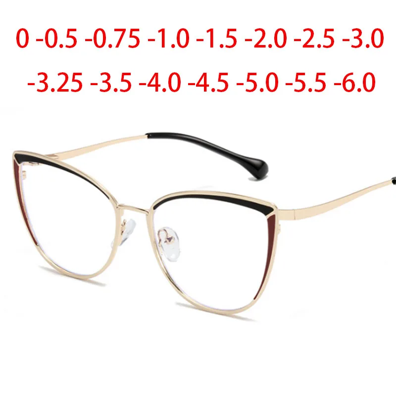 Anti-blue Light Cat Eye Prescription Spectacle Women Myopia Lens Photochromic Glasses Diopter 0 -0.5 -0.75 -1.0 -2.0 To -6.0
