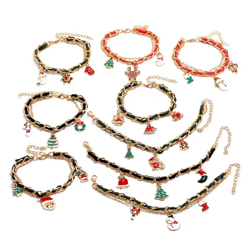 

Mixed Velvet Layered Link Chain Christmas Charm Bracelets for Women Cute Enamel Santa Claus Stocking Cane Pendant Bracelets