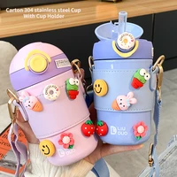 new cute cartoon pupils with straw thermos cup childrens water bottle ladies cup set 304 water cup with messenger