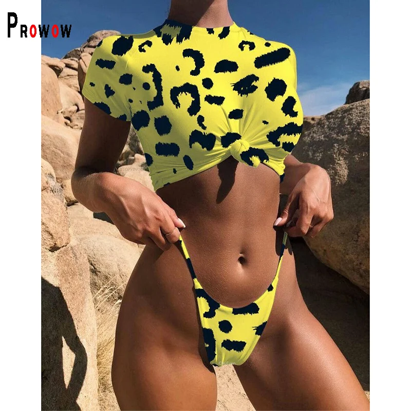 

Комплект бикини Prowow Женский, топ с коротким рукавом, стринги, пляжная одежда, повседневный купальный костюм, лето 2021