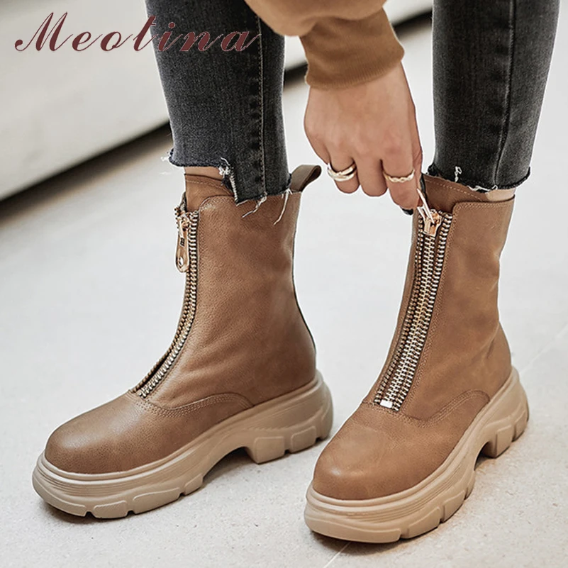 

Meotina Genuine Leather Flat Platform Short Boots Women Shoes Round Toe Zipper Ladies Ankle Boots Autumn Winter Apricot Size 41