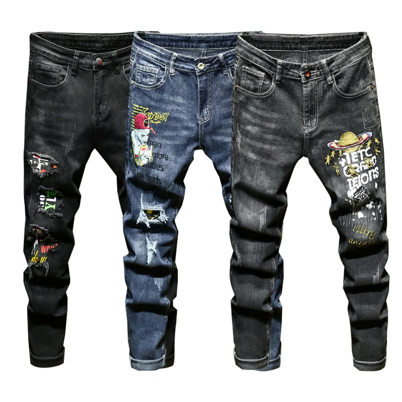 

New Style men jeans Distressed Pants Embroidered Patches Blue skinny biker Jeans pain Slim Trousers Splashing ink