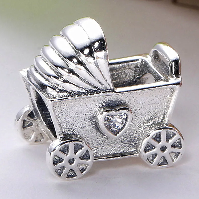 

New 925 Sterling Silver Charm Vintage Baby Pram With Heart Crystal Bead Fit Original Bracelet Necklace DIY Jewelry