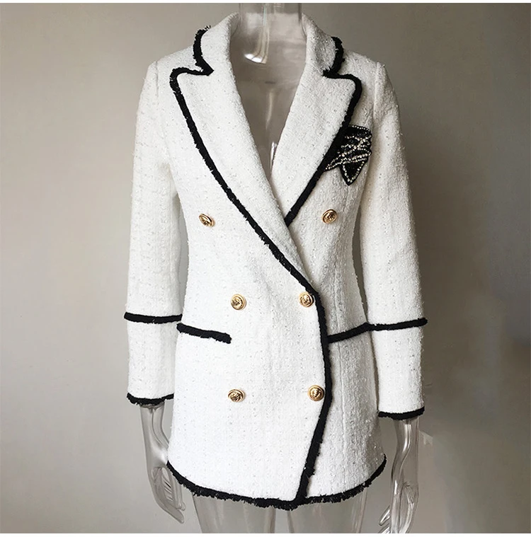 Plus Size XXXL Women High Street Long Jackets Runway Beading Double Breasted Solid Color White Slim Chic Blazers High Quality